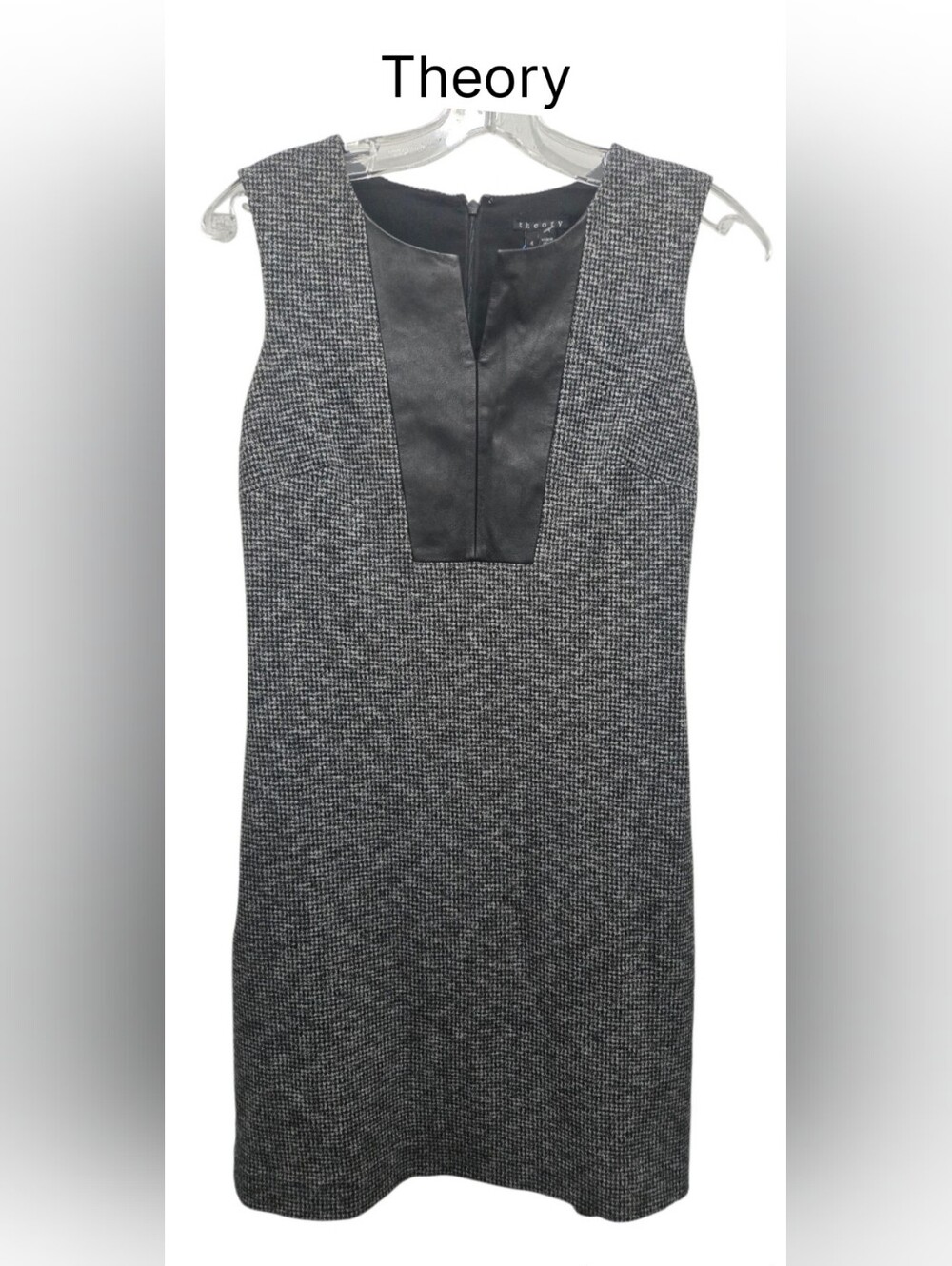 Theory Black and Gray Sleeveless Wool Blend Dress with Leather Panel Sz 4